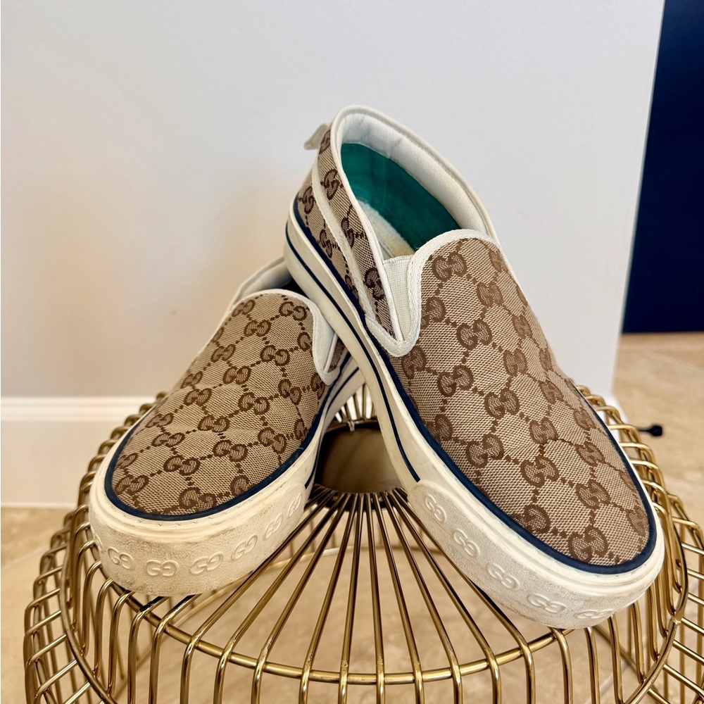 Gucci Tennis 1977 GG Supreme Slip-On Sneakers Beige Monogram Platform Size 39